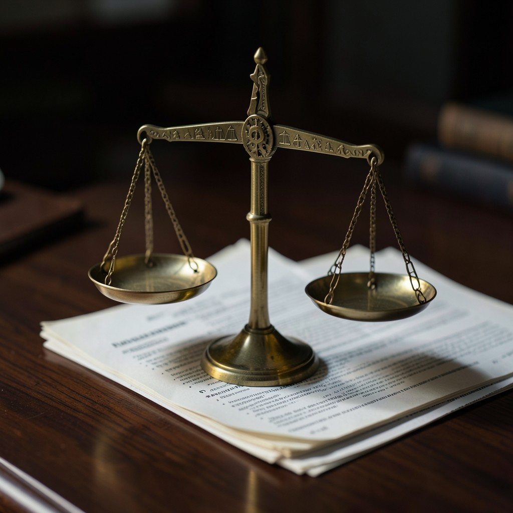 Balance de justice miniature posée sur un contrat de travail