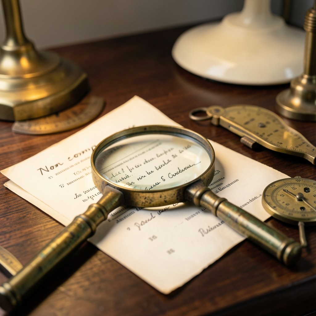 Bureau avec contrat de travail, instruments de mesure en laiton et loupe sur une clause manuscrite