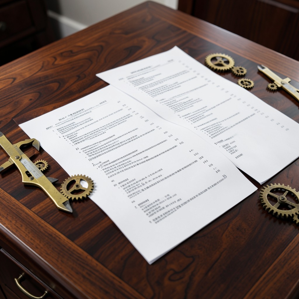 Séquence de documents juridiques annotés avec instruments de mesure en laiton sur un bureau en acajou