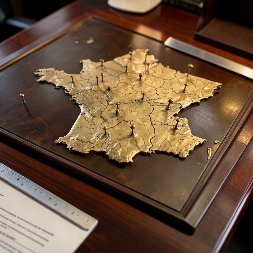 Carte de la France avec marqueurs de localisation sur un bureau en bois